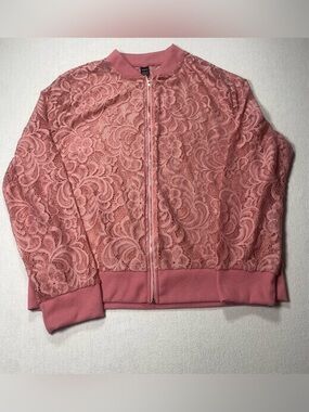 Ranlege Women’s Lace-Overlay Bomber Jacket - Pink